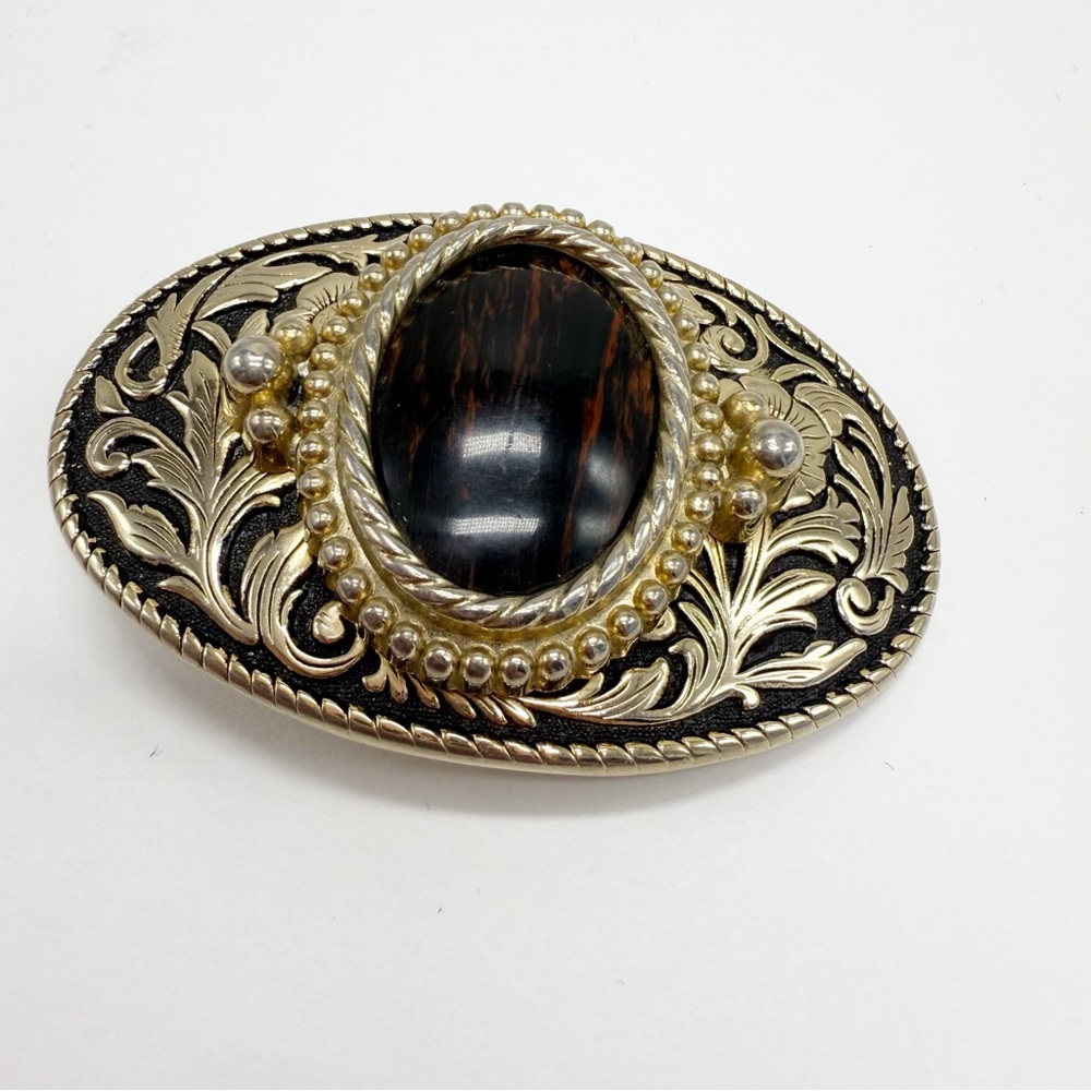 Vintage Oval Western Belt Buckle with Mahogany Obsidian Cabochon Center - Picture 3 of 7